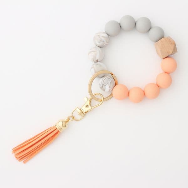 Party Favor Keychain Wooden Tassel String Chain Food Grade Silicone Bead Women Girl Key Ring Wrist Strap Bracelet RRD7233
