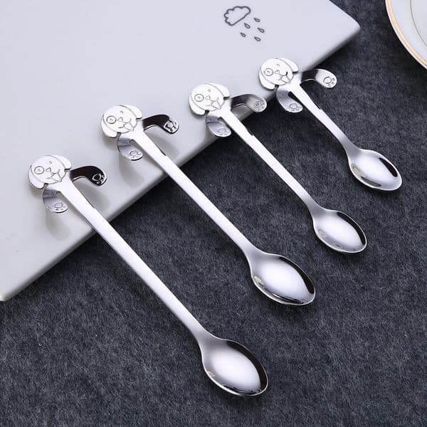 200pcs 304 Stainless Steel Cartoon Dog Spoons Creative Ice Cream Dessert Cute Coffee Tea Spoon Mug Hanging Spoon