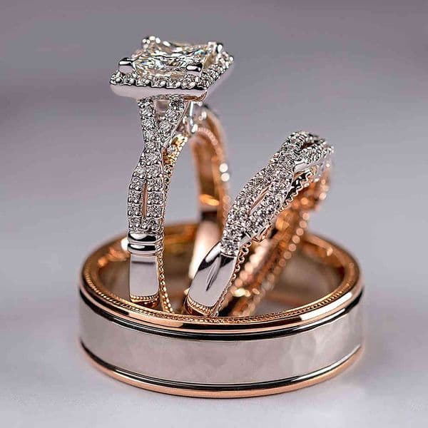 Gorgeous 3Pcs/Set Women Wedding Rings Mosaic CZ Two Tone Romantic Female Engagement Ring Fashion Jewelry 2024