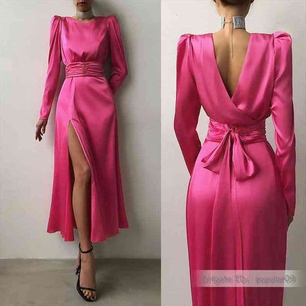 Long Elegant Ol Satin Maxi Dress Women Fashion Puff Sleeve Sexy Backless Sundress Slit Belted Party Vestidos Robe