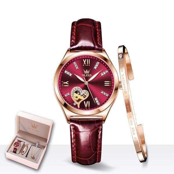 New Luxury Women Watches Automatic Mechanical Leather Wrist Watch Rhinestone Ladies Fashion Bracelet Set Gift