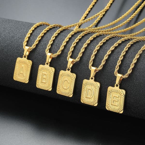 Initial A-Z Letter Pendant Necklace Mens Womens Capital Letter Yellow Gold Plated Stainless Steel Box Chain 22inch