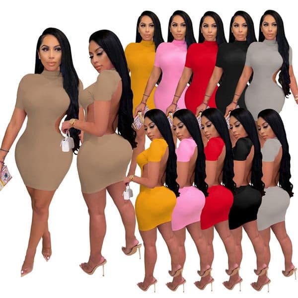 Women Mini Dresses Short Sleeve backless skirt Bodycon dress Sexy Summer Clothing Plus size S-2XL solid color skirts skinny packaged hip skirtss night club wear 4700