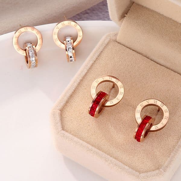 Crystal Diamond Stud Earrings Rose Gold Fashion Titanium Steel Double Wound Roman Numerals Studs Earring for Women Gift Jewelry Never Fade Not Allergic