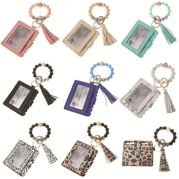 Fashion PU Leather Bracelet Wallet Keychain Party Favor Tassels Bangle Key Ring Holder Card Bag Silicone Beaded Wristlet Keychains Handbag Women Jewelry