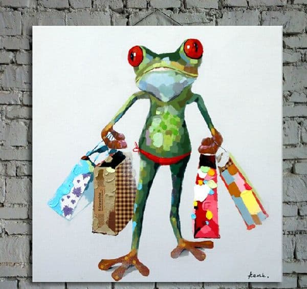 Hand Painted Animal Oil Painting on Canvas Lovely Frog with Shopping Bags 1pc for Sofa Wall Decoration