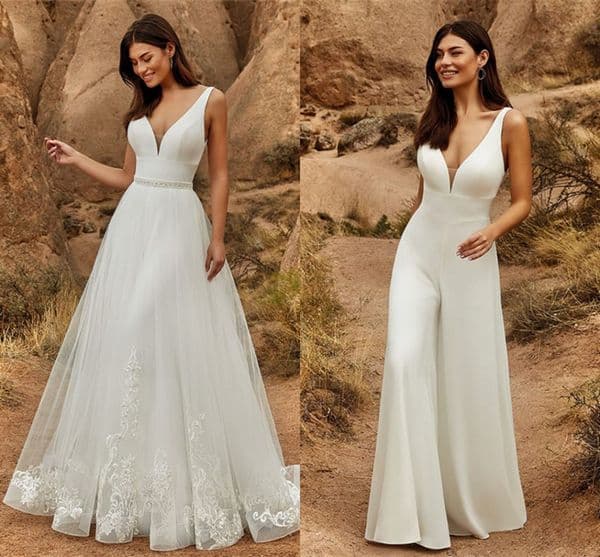 2 In 1 Wedding Dress 2025 Jumpsuit With Detachable Skirt Two Pieces Bridal Gown Pants Suit For Women Lace Tulle V-Neck Sweep Train Robe De Mariage Vestidos