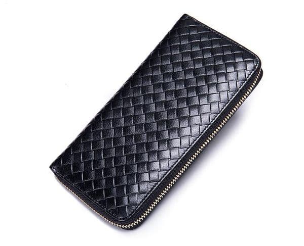 Men's Korean Woven Leather Zipper Wallets Head Layer Cowhide Wallet Long Hand Purse Wholesale 251