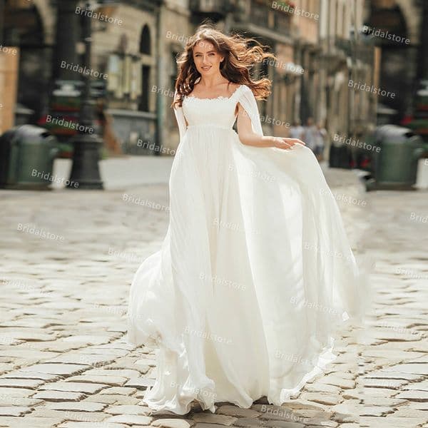 Civil Rustic Boho Wedding Dress With Caped Sleeves Square Neck Full Length Chiffon Beach Bohemian Bride Dresses 2021 Outdoor Garden Bridal Gowns robes de mariage