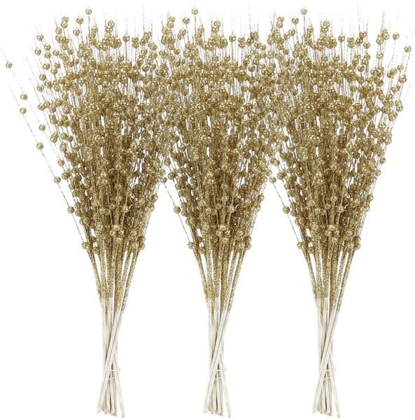 New Artificial Glitter Berry Stem Ornaments, Decorative Bead Sticks, Glittery Twigs, Picks, Branches for Christmas Tree, Small Vase, Holiday, Wedding, Party 11.8 Inches