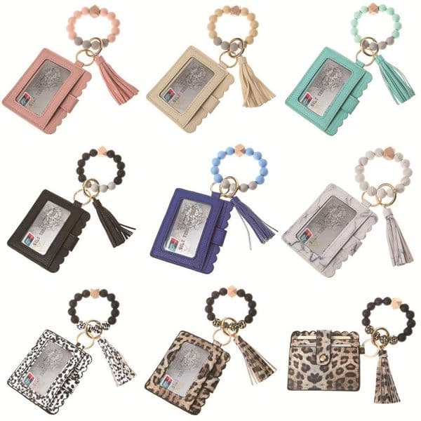 Fashion PU Leather Bracelet Wallet Keychain Party Favor Tassels Bangle Key Ring Holder Card Bag Silicone Beaded Wristlet Keychains Handbag Women Jewelry