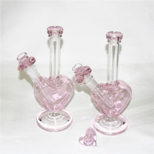 9 inch Pink Glass Bong with heart shape glass bowl Shisha Beaker Smoking Water Pipe Bubbler ash catcher