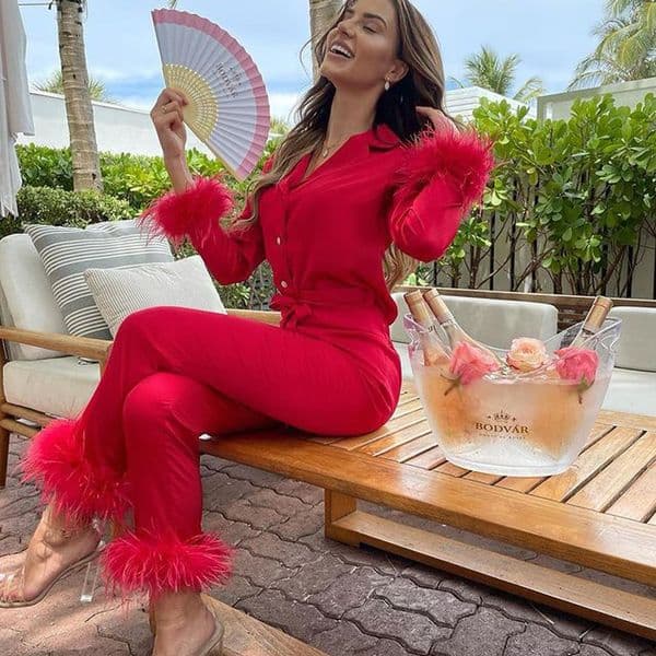 Trendy Women Pamas Set Autumn Casual Lapel Tops + Feather 2pcs Pants Suits Sexy Lingerie Nightwear Silk Satin Pyjamas Pjs Suit 2025
