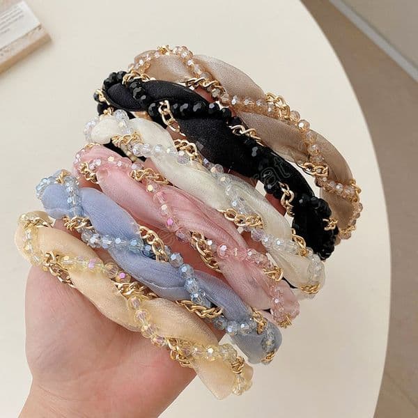 Summer Pearl Crystal Chain Braided Headband Fashion Hair Accessories For Women Trend Shiny Hairband Girl Hair Band Headwear