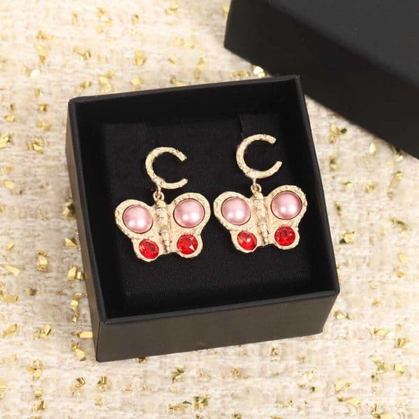 Top quality Charm drop earring with red and pink beads in 18k gold plated butterfly design for women wedding jewelry gift have stamp PS7793