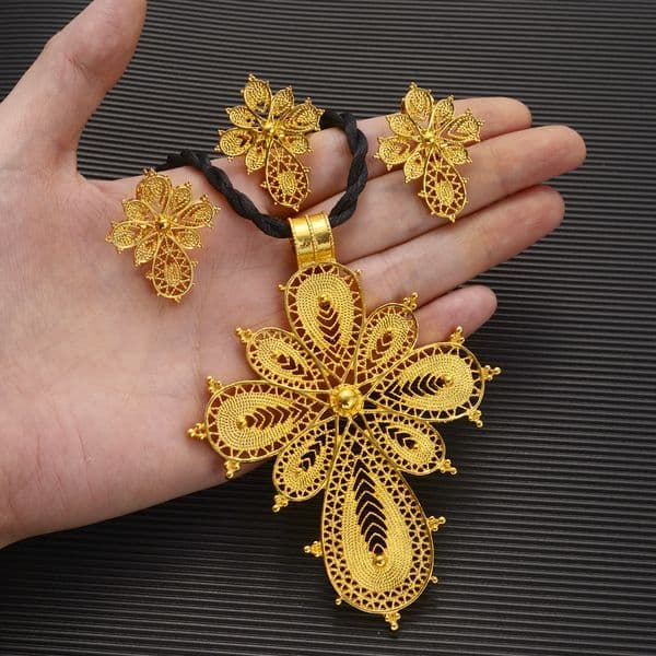 high quality Fine Solid 14k Gold Ethiopian Jewelry Sets big Necklace earrings ring Dubai Bride Habesha African Items gift
