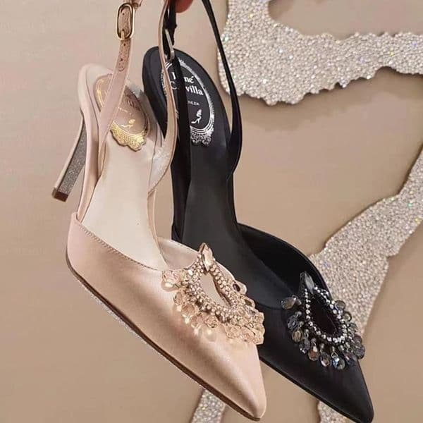Dress Shoes Stiletto heel Dress Shoes Rene Caovilla Satin Sandals Water drop heart shaped crystal diamond decoration slingbacks Designers 7.5CM high