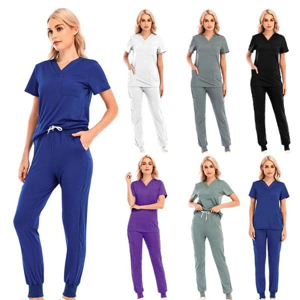 Womens T-Shirt Fashion Women Short Sleeve V-neck Quick Dry Nursing Working Uniform With Pocket Set Solid Color Clothe UniformWomens T-Shir