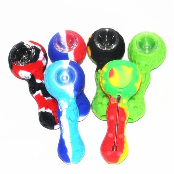 Wholesale Multi Color Silicone smoking Pipe with glass bowl dabber tool Mini Portable Hand silicon tube Pipes for tobacco Dry Herb pipe