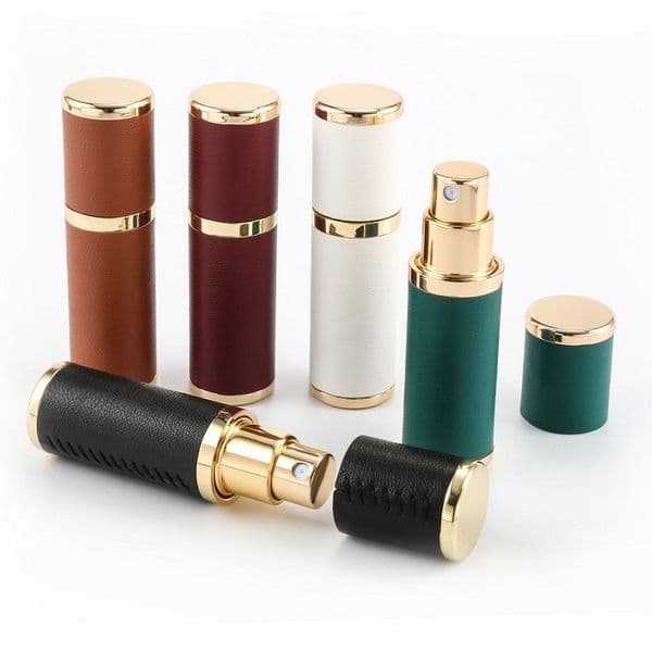 wholesale Luxury leather perfume bottles 5ml fine mist atomizer spray bottle with gold pump glass inner bladder