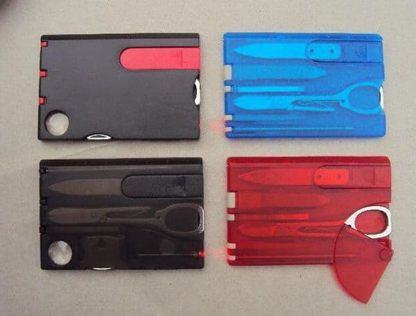 DHL Free 100sets Outdoor Camping Beauty Tools Switzerland Card Knife with LED light Multifuntion Card Survival Swiss Knife