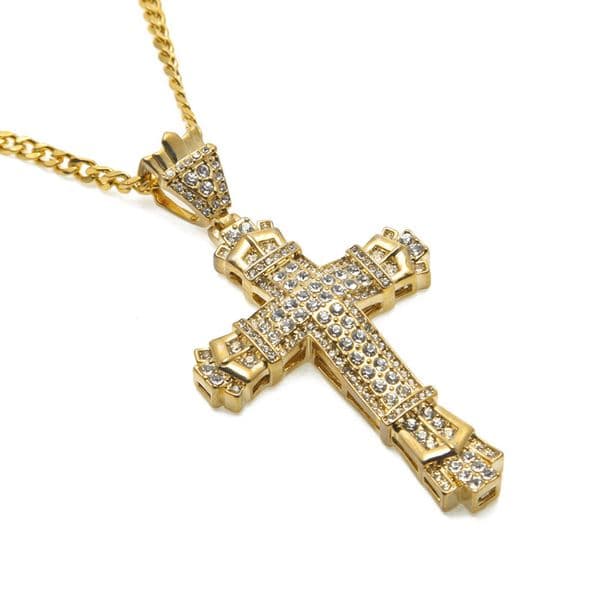 Mens Bling Iced Out 18K Gold Plated Hip Hop Rhinestones Crystal Cross Pendant Necklace Cuban Link Chain Men Jewelry Necklaces&Pendant