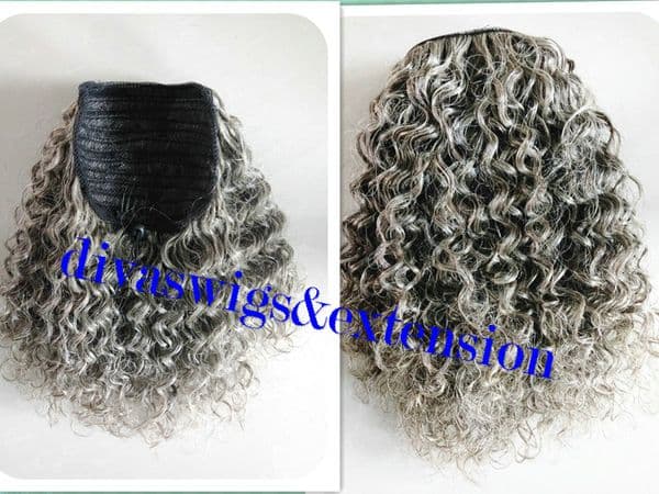 Gray human hair ponytail kinky curly short high ponytail drawstring hot gray kinky ponytail real brazilian hair 120g 14inch
