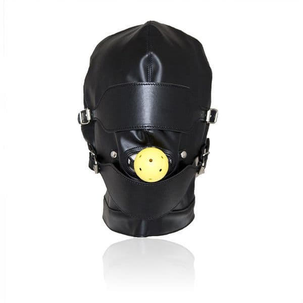 Adult Toys Leather Full Blindfold Mask Hood w/ Mouth Ball Gag Bondage Fetish GIMP Toy TT23 #R501