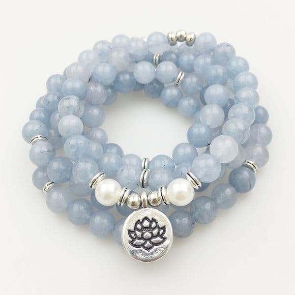 SN1205 Design Womens 8 mm Blue Stone 108 Mala Beads Bracelet or Necklace Lotus Charm Yoga Bracelet