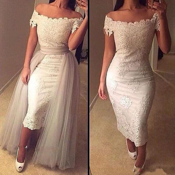 2017 Women Cocktail Dresses Off Shoulder Sheath Short Sleeves Overskirts Detachable Train Silver Party Dress Tea Length Homecoming Gown