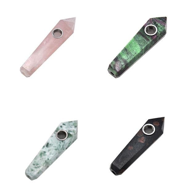 Hand Pipe Natural Tiger Eye Snowflake Strawberry Fluorite Sodalite Unakite Epidote Obsidian Stone Crystal Quartz Smoking Pipe Metal Filters
