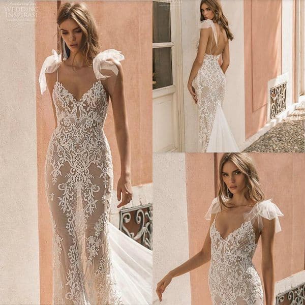 2019 Berta Wedding Dresses Spaghetti Appliqued Long Train Illusion Sexy Backless Sleeveless Mermaid Wedding Gowns Beach Bridal Dress
