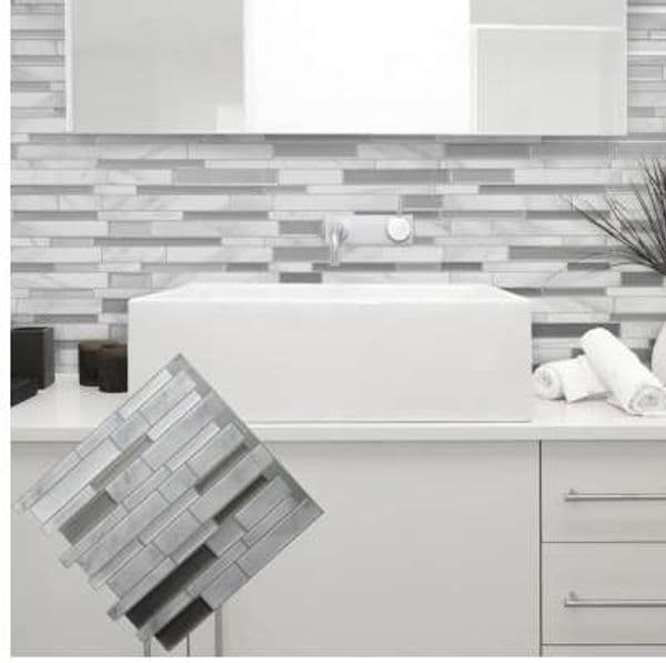 White Grey Marble Mosaic Peel and Stick Wall Tile Self adhesive Backsplash DIY Kitchen Bathroom Home Wall Decal Sticker Vinyl 3D