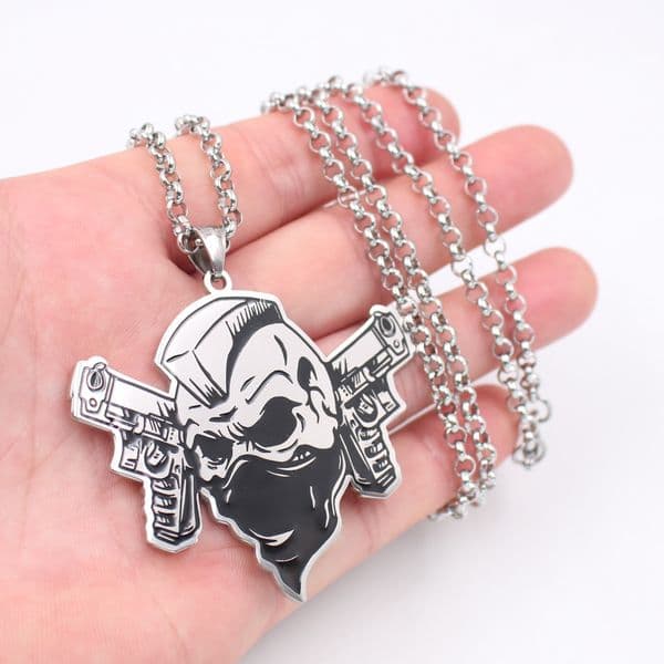 GNAYY Men Hip-Hop Jewelry Black Polished pure Stainless Steel ICP Skull double gun pendant necklace 4mm 30 inch rolo chain
