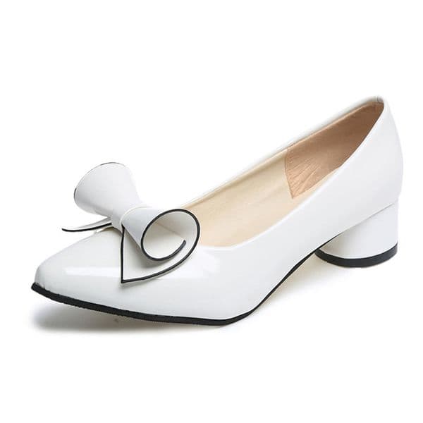 Shoes Women Bow Low Heels Ladies Heels Bridal Shoes Patent Leather Footwear Female White Red Heels Escarpins Femme 2018 Plus Size 42 43