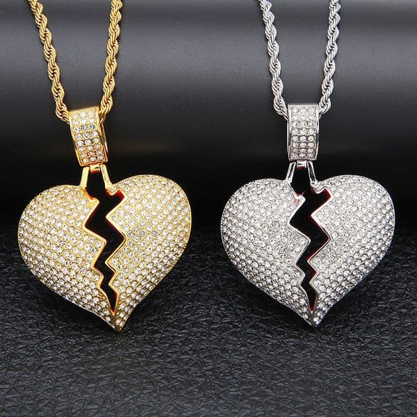 moissanite jewelryIced out Broken Heart Pendant Necklaces Men's Bling Crystal rhinestone Love charm Gold Silver Twisted chain For women Hip hop Jewelry