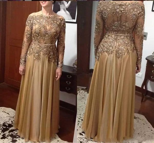 Cheap Modest Beaded Mother Of The Bride Dresses Long Sleeves Sequined Plus Size Lace Wedding Guest Dress Gold Floor Length Evening Gowns