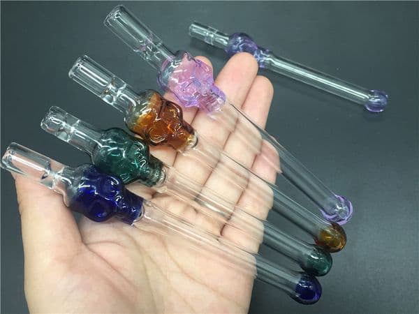 Skull color Cigarette Holder Pipes One Hitter Bat Cigarette Filter Tips 14cm 10MM OD Glass Oil Burner Pipe for Smoking steamroller filter