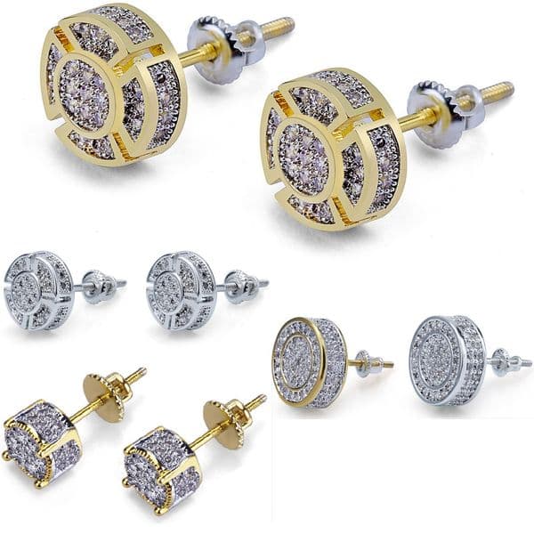 3 Styles Iced out CZ Premium Diamond Cluster Zirconia Round Screw Back Stud Earrings for Men Hip Hop Jewelry