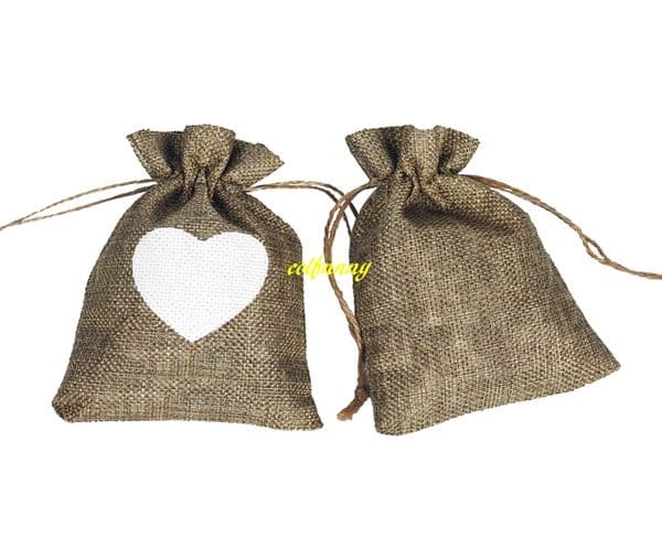 500pcs/lot Vintage Natural Burlap Gift Candy Bags Wedding Party Favor Gift Box Pouch Jute White Love Heart Gift Bag