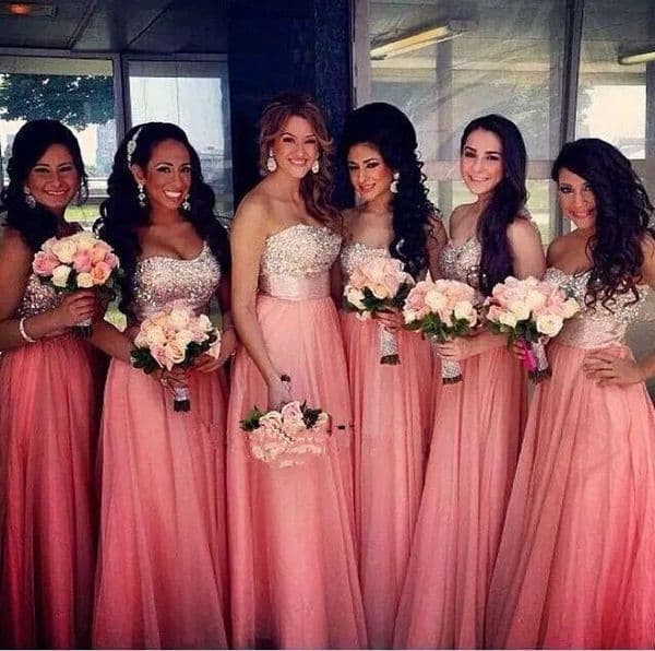 Spring 2018 Long Coral Bridesmaid Dresses Sparkly Sequined Bodice A Line Chiffon Skirt Formal Bridesmaids Wedding Guest Dress