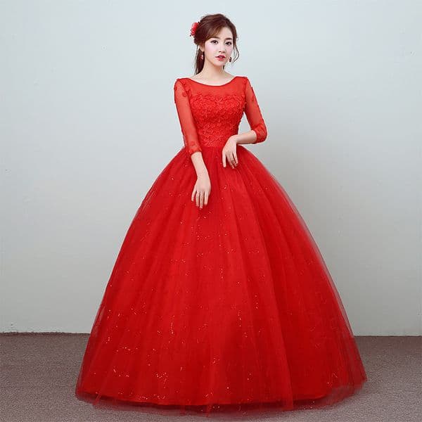 Wedding dress 2018 New Arrival Korean Stlye Fashion Simple Lace Three Quarter Sleeve Flower Red Bridal Gowns Vestidos De Novia