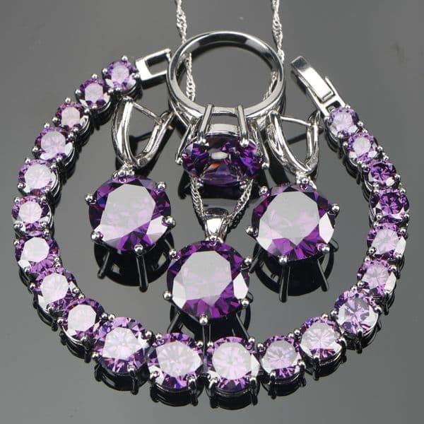 whole saleWedding Purple Zircon Silver 925 Jewelry Sets Bracelets Earrings With Stones Pendant&Necklace Rings Set Jewellery Gift Box