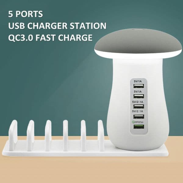 5-Port 40W USB QC3.0 Quick Charge Hub Station 8A Power Adapter Best Gift USB Charging Stand Organizer With Desktop Mushroom Lamp