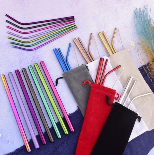 The latest 1 set = (cloth bag , straw 3, brush ), 215X12MM size stainless steel metal with titanium plating, many styles to choose