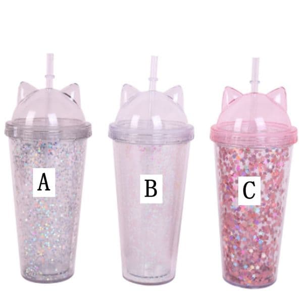 Creative cat ear sequined cup with plastic double straws handy gift cup