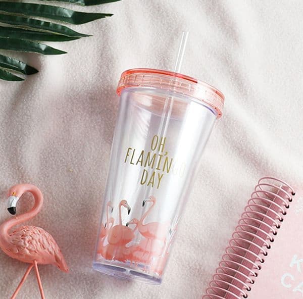 Flamingo Plastic Cup With Straw 12.5oz Reusable Coffee Milk Tumbler Flat Lid Water Cup For Cold Drinks