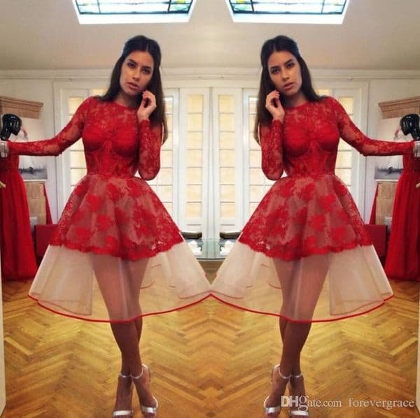 2019 Cheap Little Red Long Sleeves Homecoming Dress A Line Lace Juniors Sweet 15 Graduation Cocktail Party Dress Plus Size Custom Made