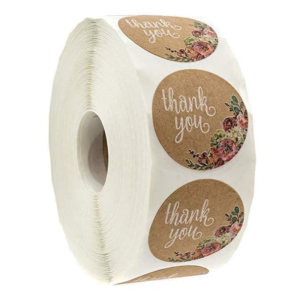 500pcs/roll 1 inch kraft brown paper thank you label with flower round gift packaging sealing sticker label DIY handmade sticker