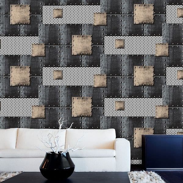 Retro loft wallpaper 3d space industrial style metal sheet patch welding wall cover cafe bar studio internet cafe TV background wall roll